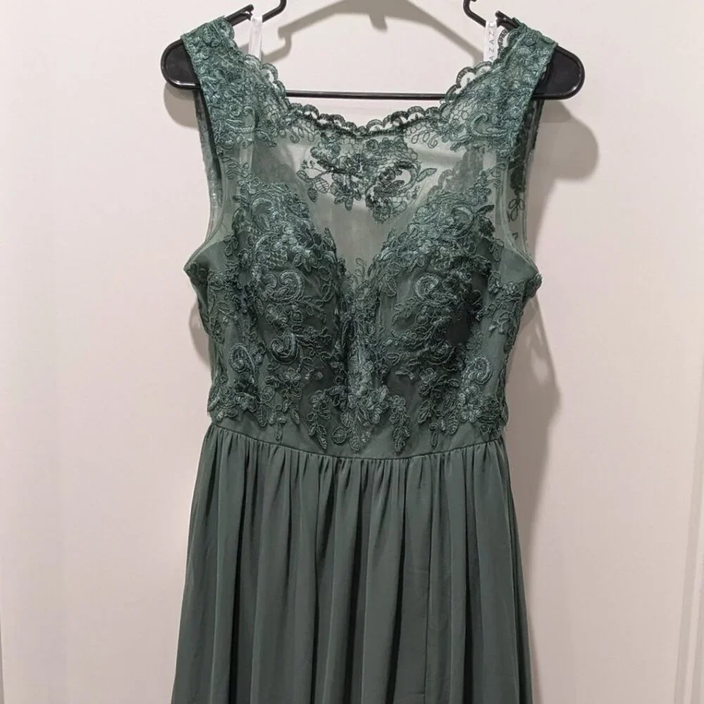 Azazie Green Lace Bodice Chiffon Gown with Side Slit - Picture 8 of 10